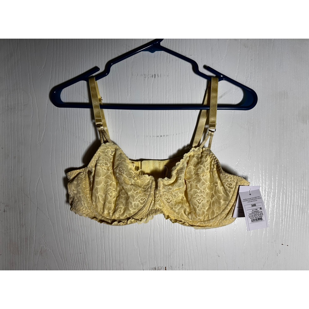 Auden Yellow Lace Unlined Balconette Bra 38B Underwire Floral Adjustable Straps